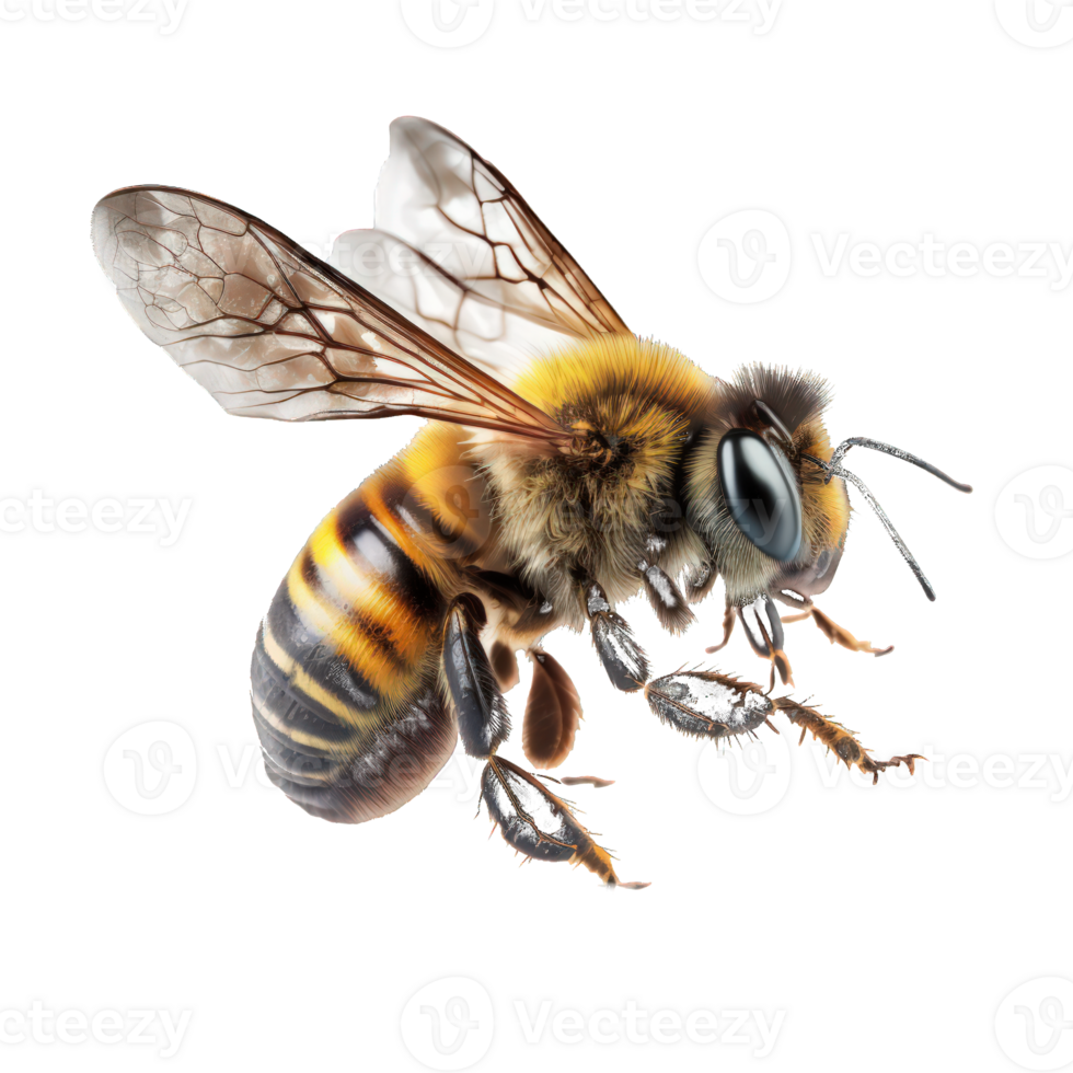 The image depicts a beautifully detailed bee in mid-flight, set against a clean and clear background. png