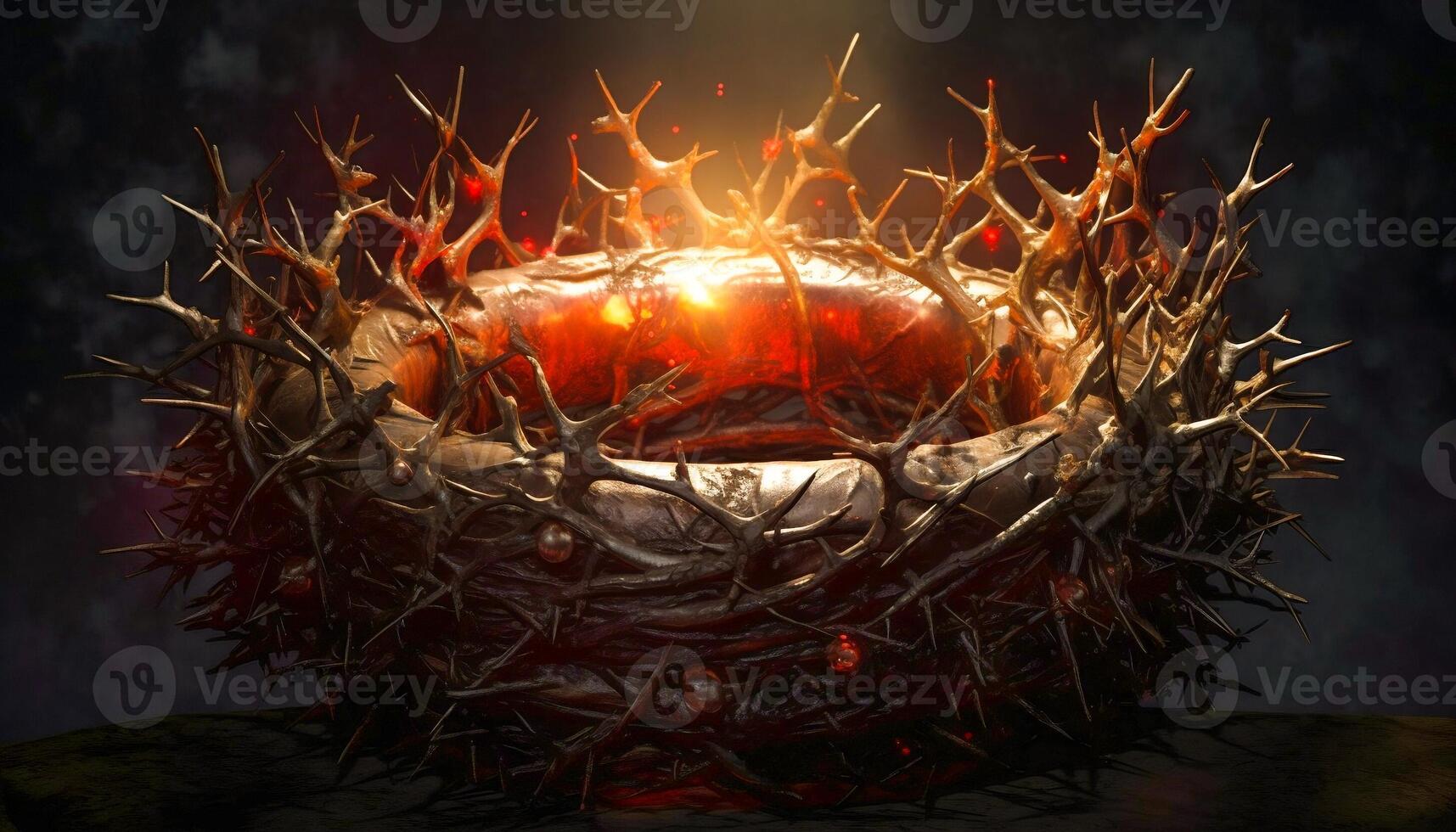 Close up of crown of thorns with shining light with dark background. and religion concept photo