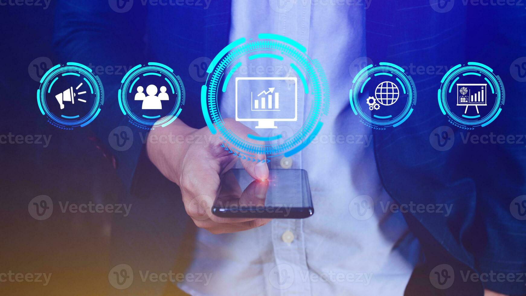 Hand touching the sign of Digital marketing internet advertising and sales increase business technology concept, online marketing on smartphone, Ebusiness, data analytics and Business online. photo