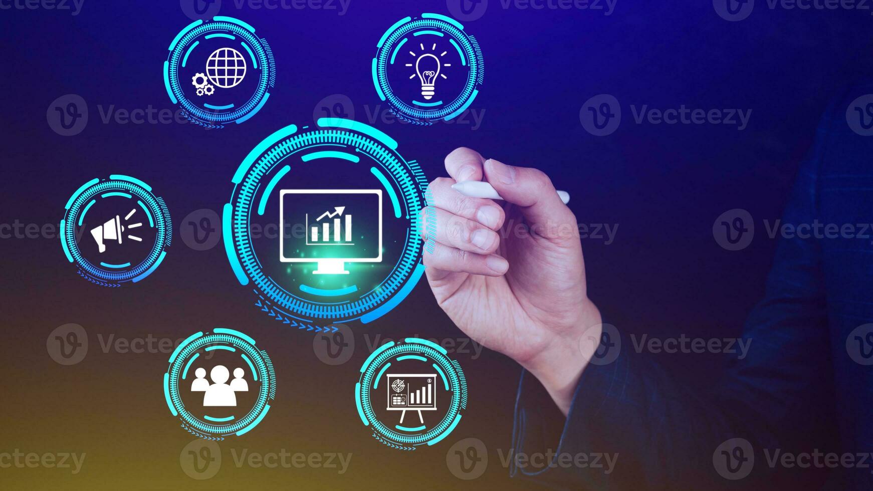 Hand touching the sign of Digital marketing internet advertising and sales increase business technology concept, online marketing, Ebusiness, Ecommerce, Big data analytics and Business online. photo