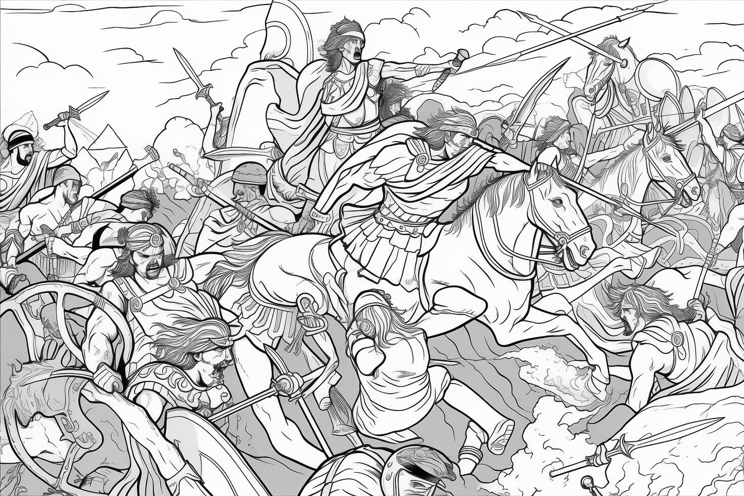 Medieval battle scene with cavalry and infantry. Black and white illustration.coloring Book page. photo