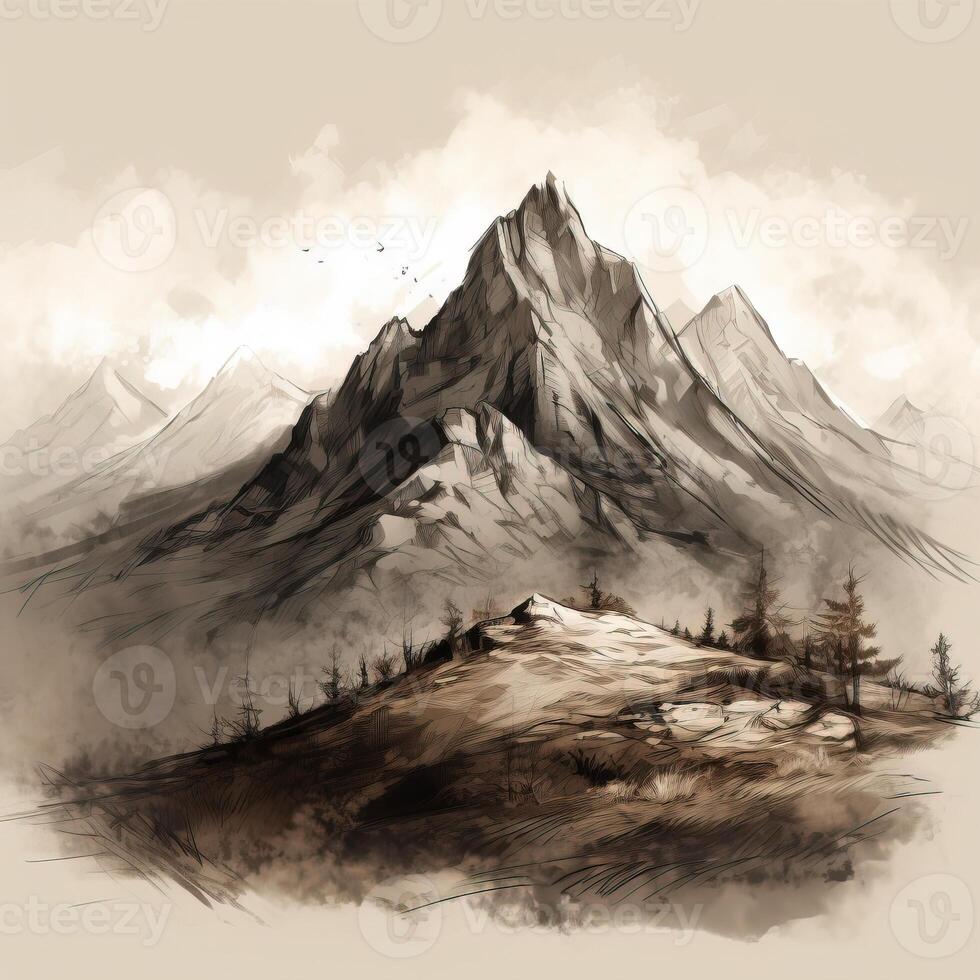 Olden style hand drawing brush mountain illustration of Olden style hand drawing brush mountain photo