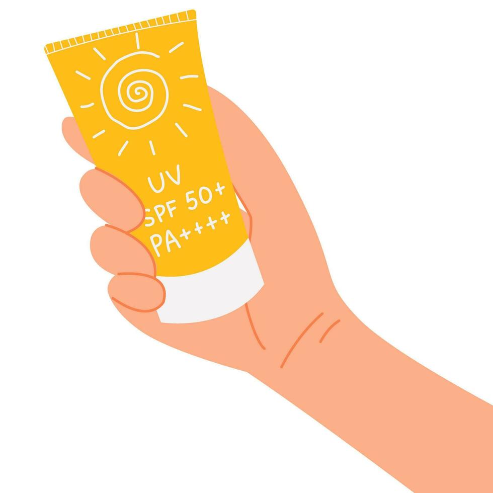 Hand holding sunscreen.Skin care routine.Sunscreen moisturizer, sunblock, skin protection and UV rays blocking concept. vector