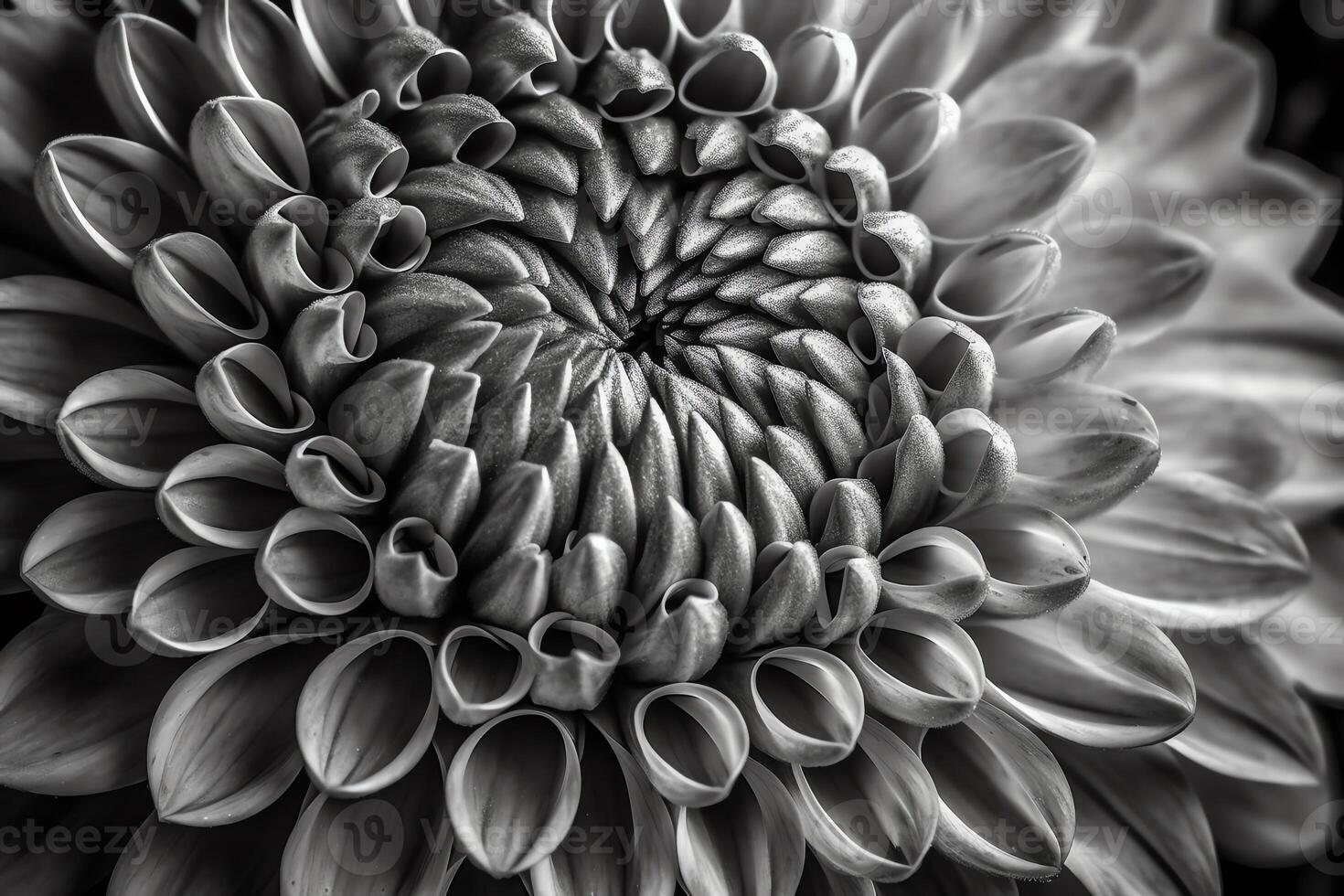Details of dahlia flower macro photography black and white photo emphasizing texture high contrast and intricate floral patterns floral head in the center of the frame.