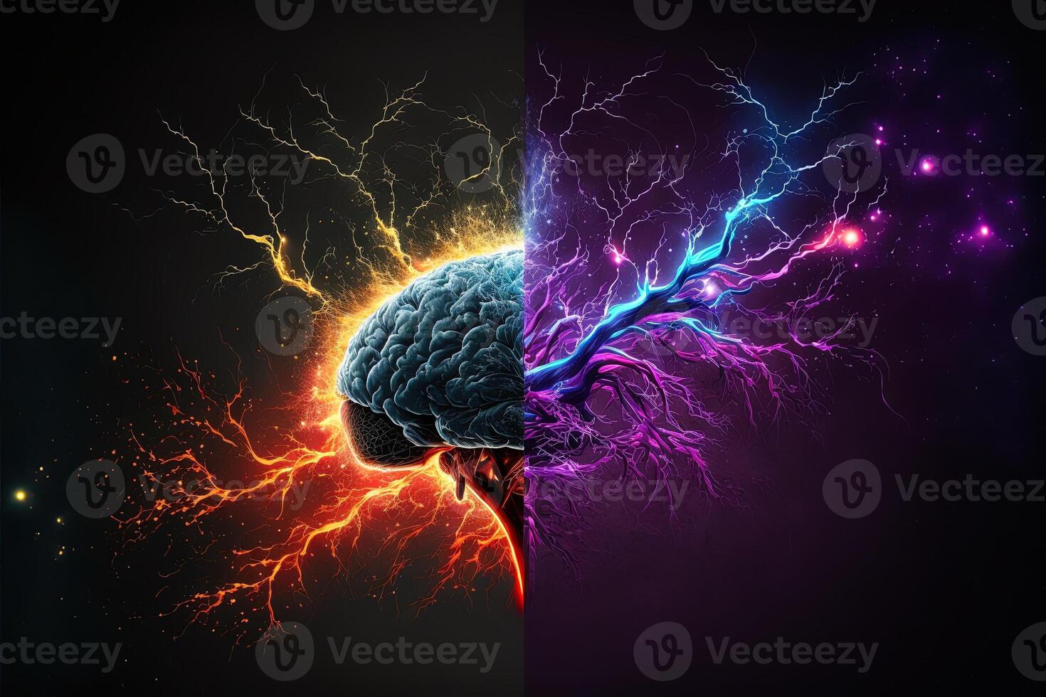 Neurons, synapses, bright colors, lightning bolts, stars, linkedin colors, splash elements. Brain neurons and electrical signals, branching dendrites, concept. photo