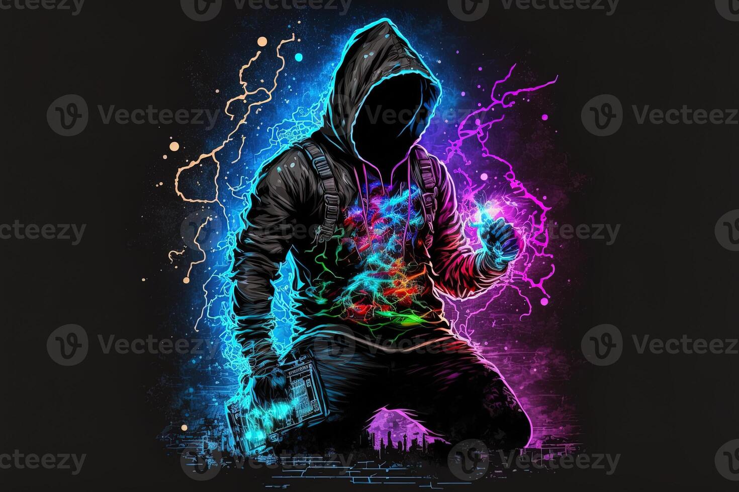 double exposure a lone figure in a hoodie and power boxing, universes collide with neon, cyberpunk, holography, cosmic background. Anonymous man in a black hoodie hacking computer avatar photo