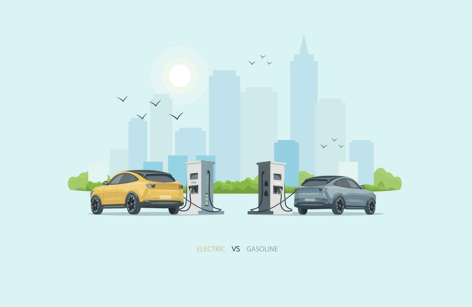 Comparison of an electric and gasoline diesel car. Charging an electric car at a charging stand against a gas station for fossil cars. City landscape in the background. vector