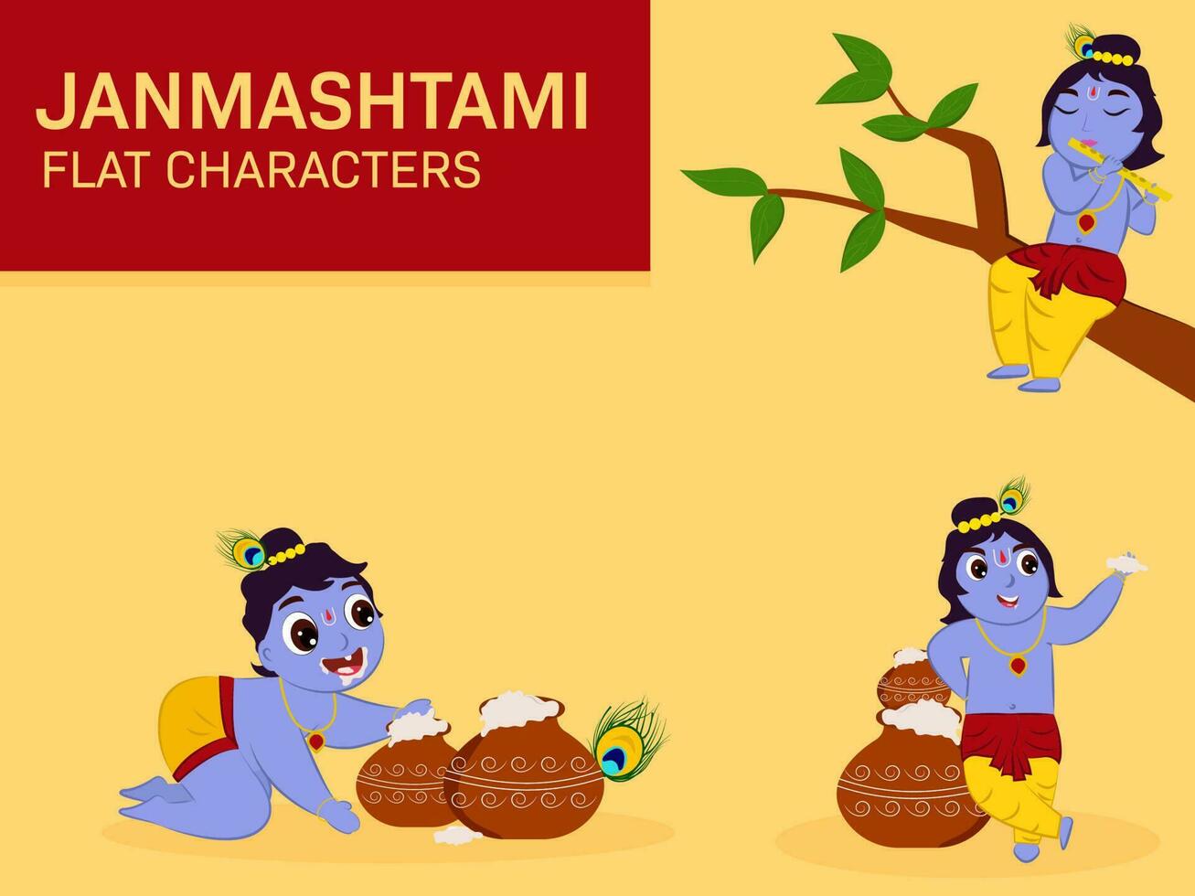 linda pequeño Krishna plano caracteres conjunto terminado amarillo antecedentes para contento janmashtami. vector