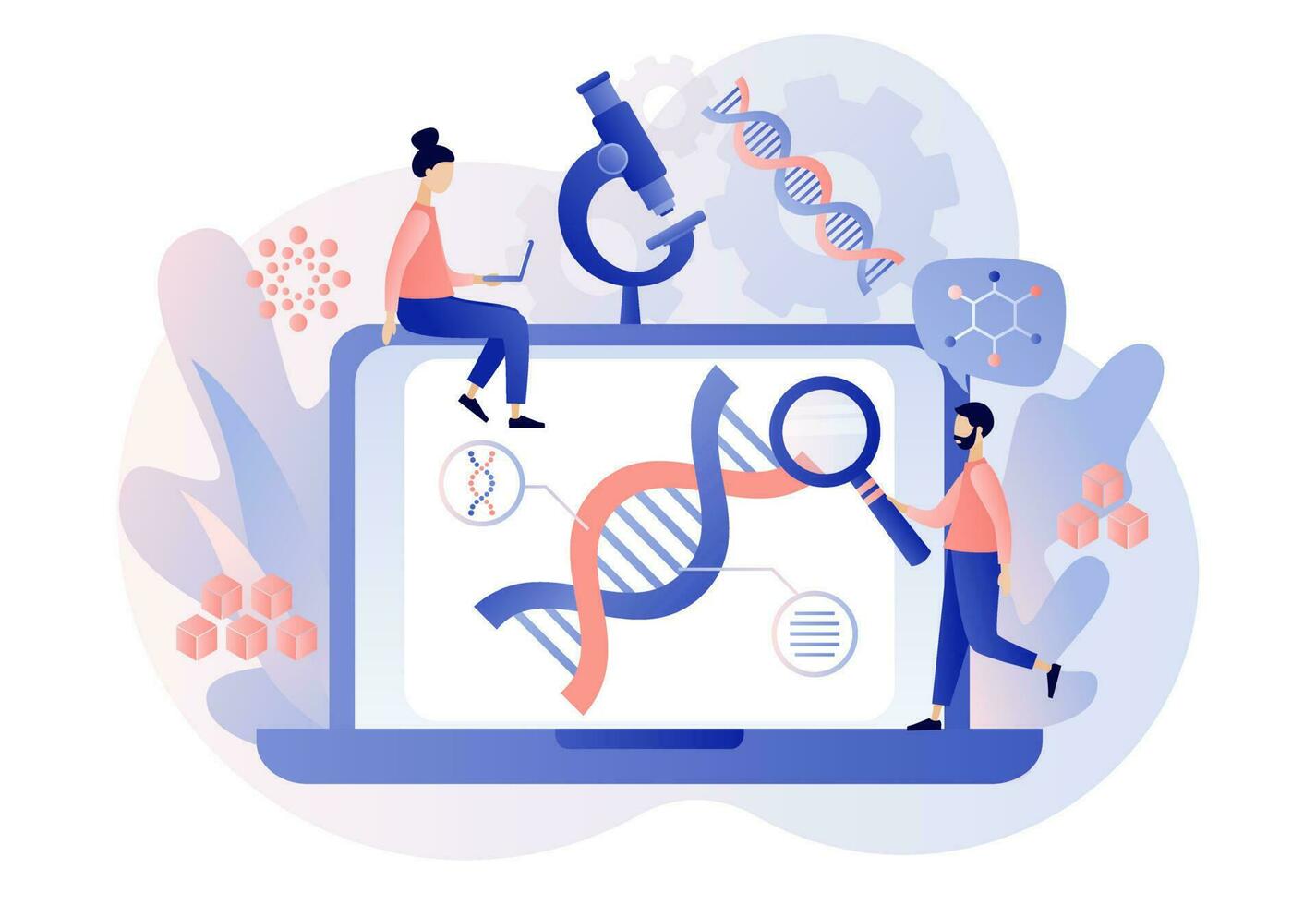 Biotechnology. Tiny people study dna use microscope and laptop. Science, laboratory research, genetic testing, chemical, GMO, bioengineering and organism. Modern flat cartoon style. Vector
