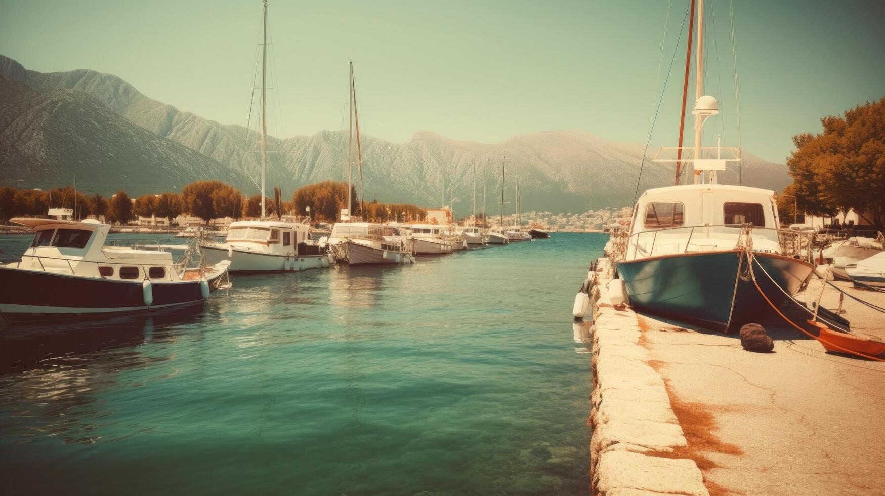 puerto y barcos a soleado día. ilustración ai generativo foto