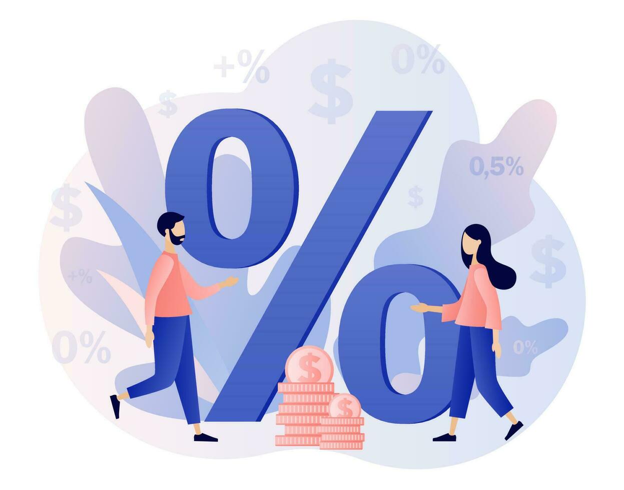 Tiny people and big Percent sign. Good interest rate, interest-free. Bank credit concept. Finance management. Modern flat cartoon style. Vector illustration on white background