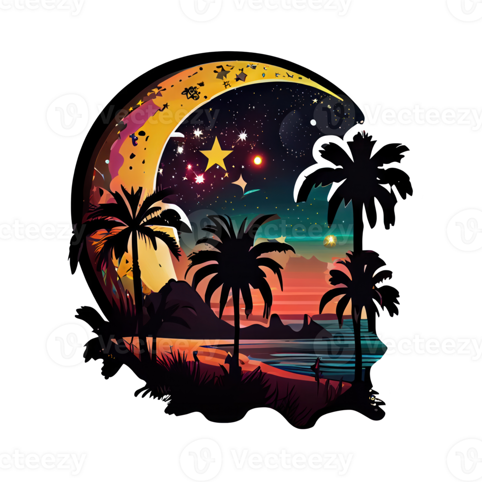 Moon and stars at night tess, landscape with palm trees, retro syntes color design, ocean wave . png