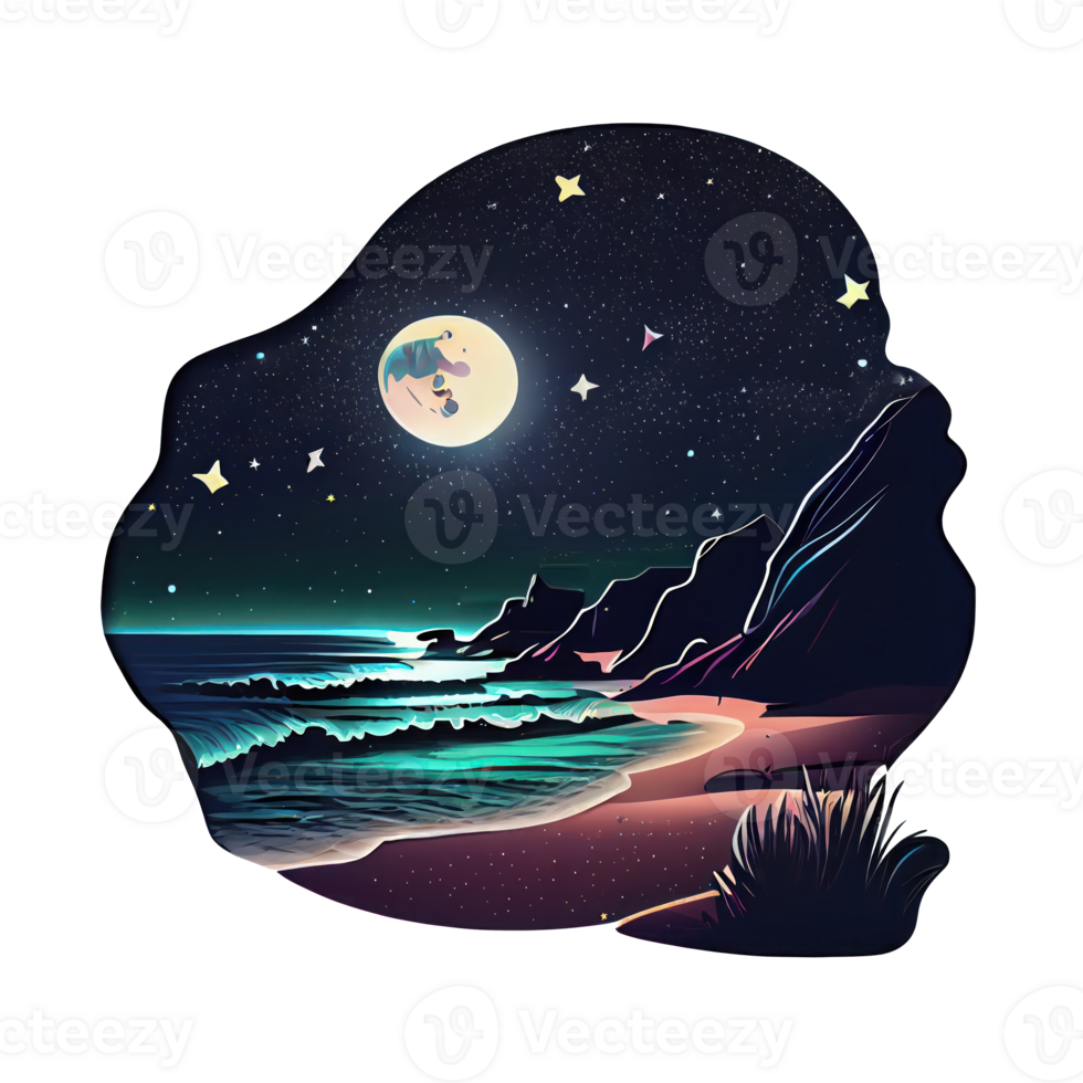 Moon and stars at night tess, landscape with palm trees, retro syntes color design, ocean wave . png