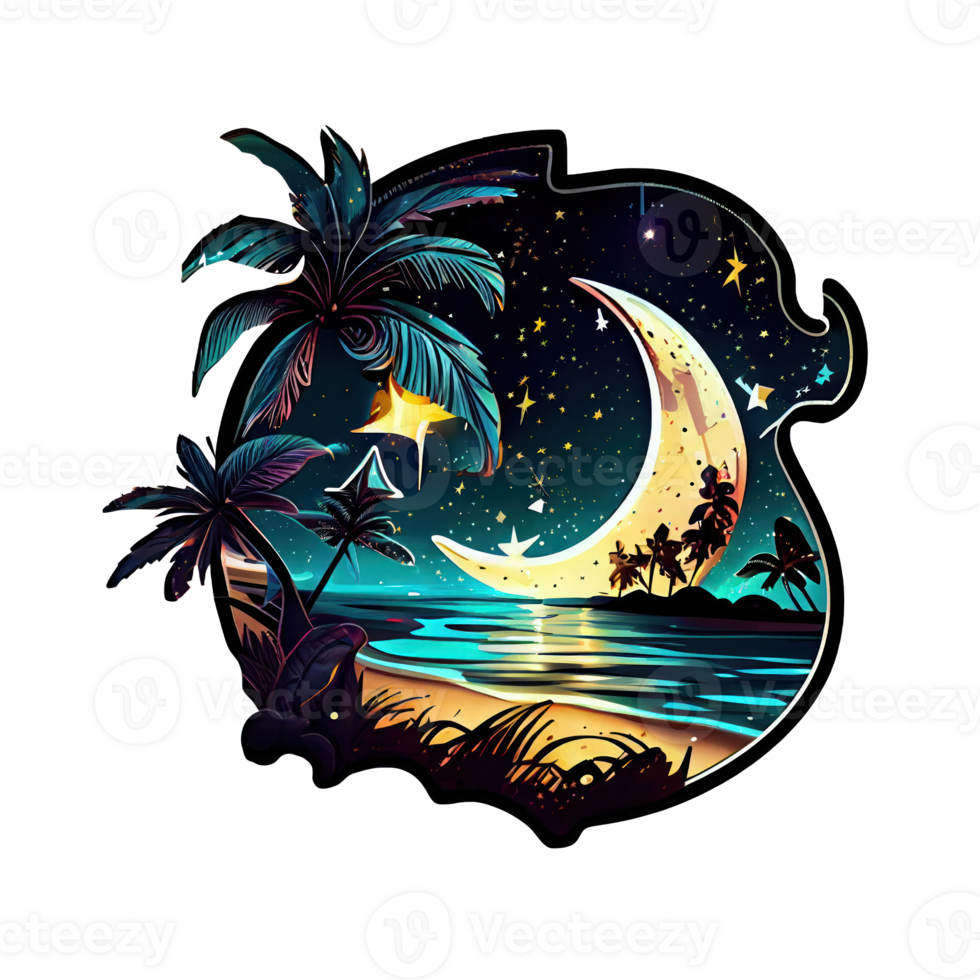 maan en sterren Bij nacht Tess, landschap met palm bomen, retro syntes kleur ontwerp, oceaan Golf . ai gegenereerd png