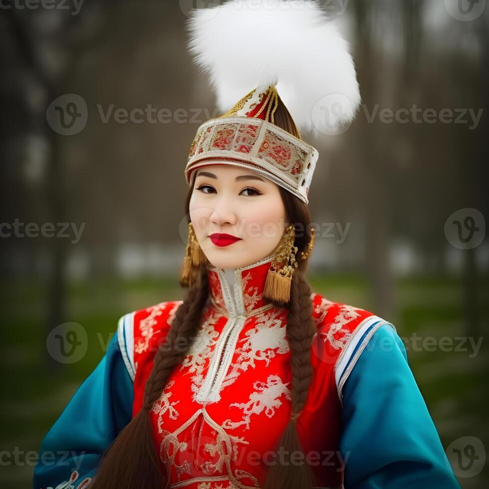 beautiful kazakh asian woman portrait in national costume. Woman with baby photo