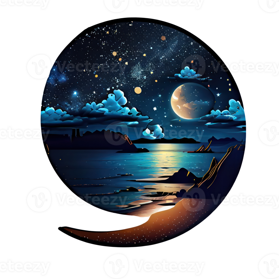 Moon and stars at night tess, landscape with palm trees, retro syntes color design, ocean wave . png