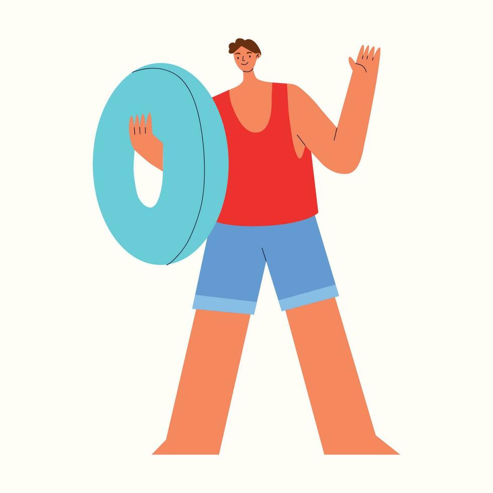 Young man goes to the beach,hold inflatable blue circle and waves his hand.Vector hand drawn cartoon illustration in flat style and white background. vector