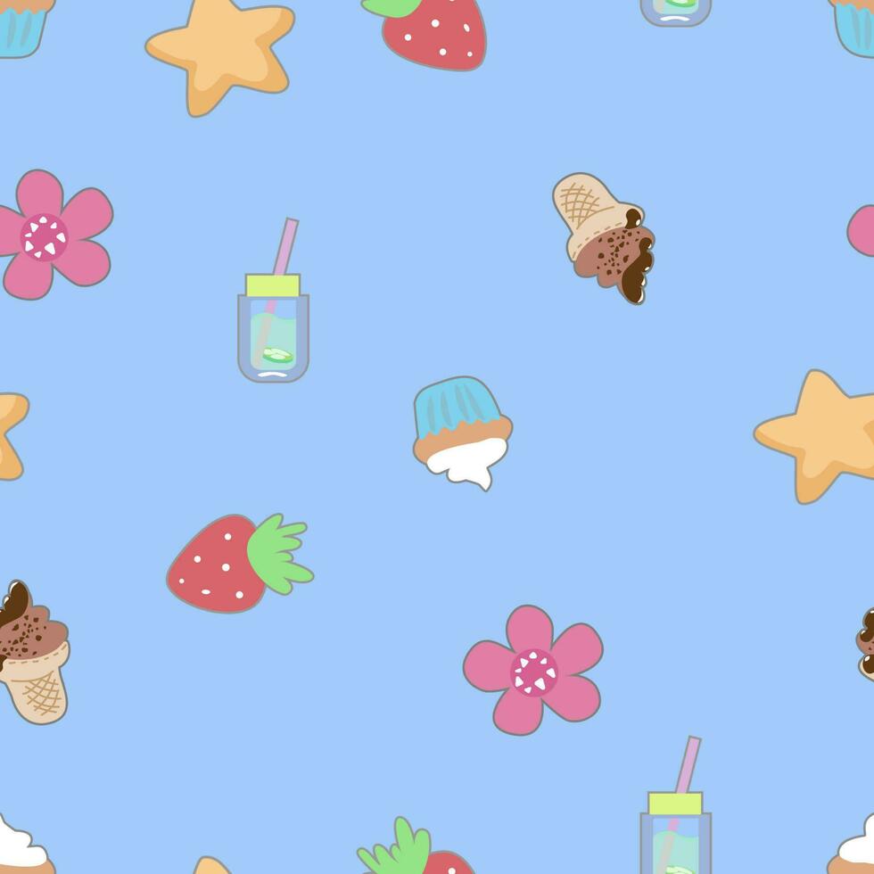 Seamless pattern with stars, flowers, strawberry,cute cupcakes and drink in the doodle kawaii vector