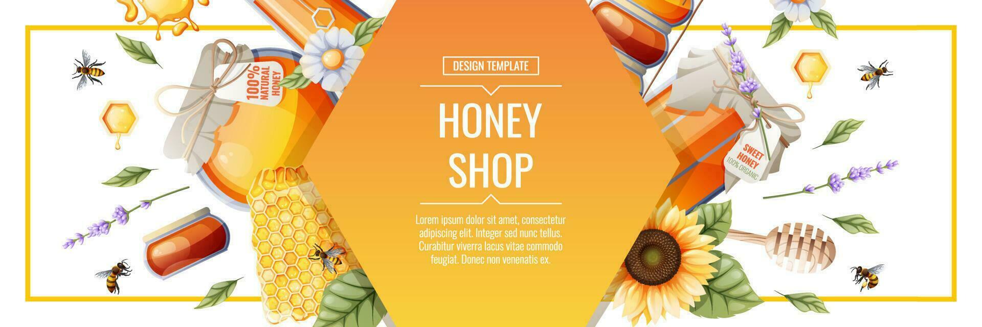 Banner template with honey products. Honey shop.Illustration of a jar of honey, honeycombs, bees, flowers. Design for label, flyer, poster, advertising. vector