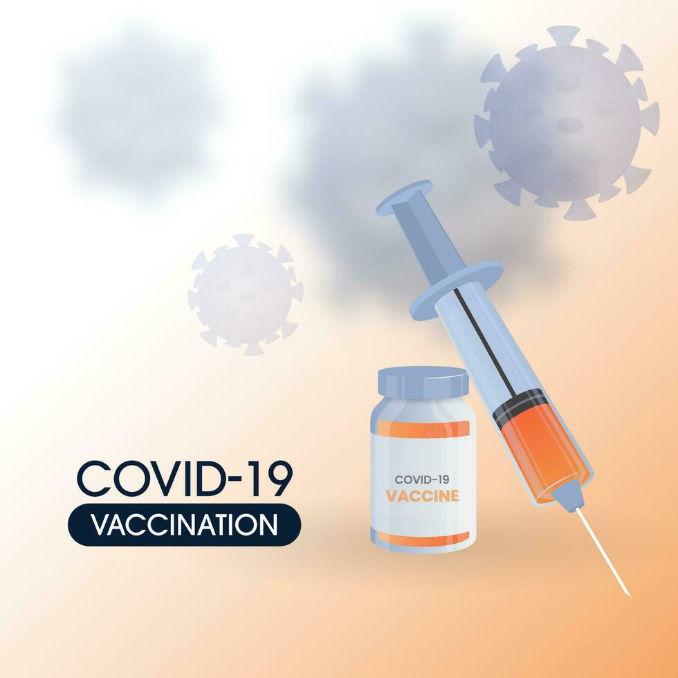 Covid-19 Vaccination Concept With Vaccine Bottle And Syringe Injection On Virus Affected White And Orange Background. vector