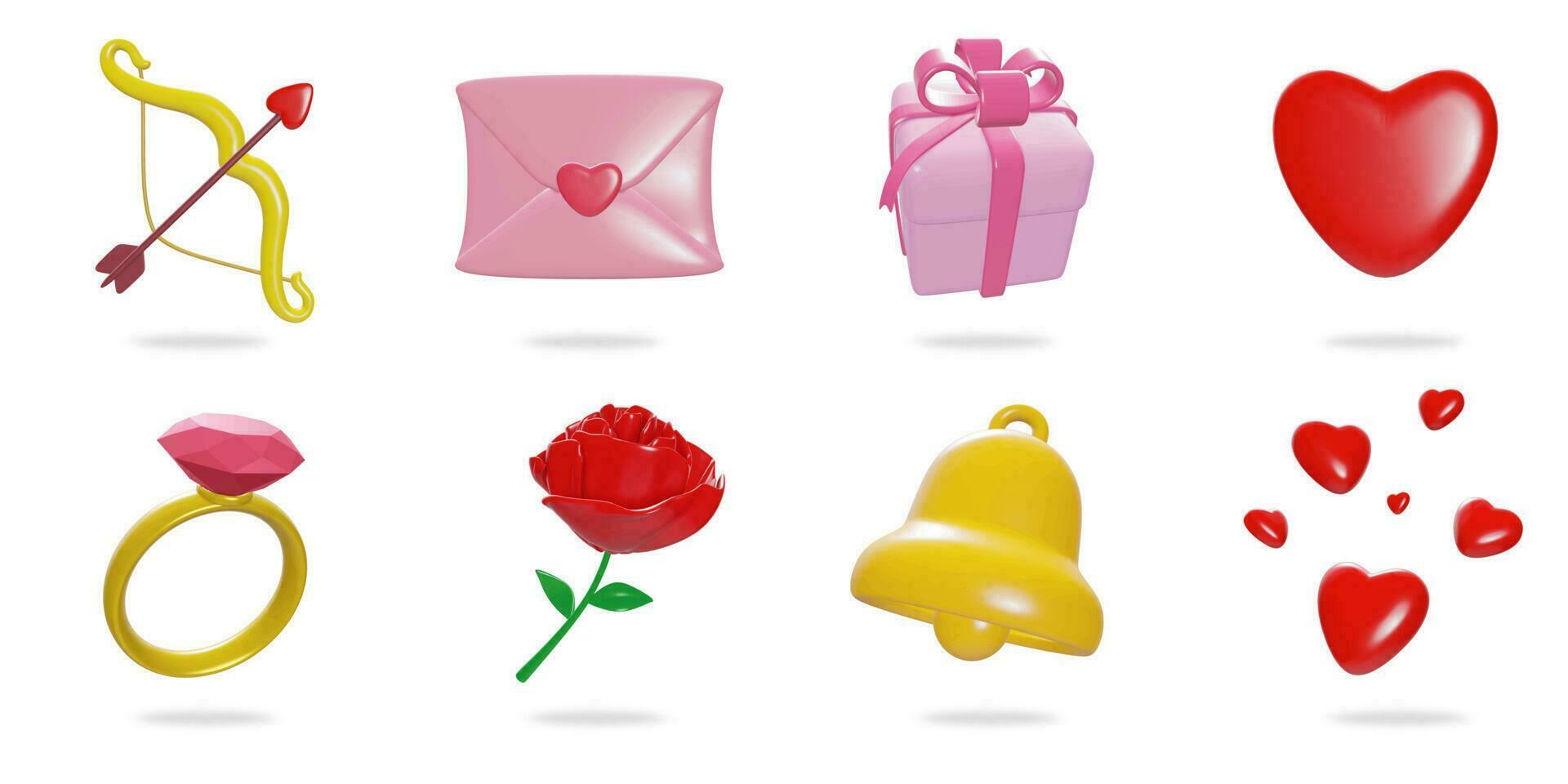 3d representación. San Valentín icono conjunto en un blanco background.bow,carta,regalo caja,corazón,anillo,rosa,campana vector