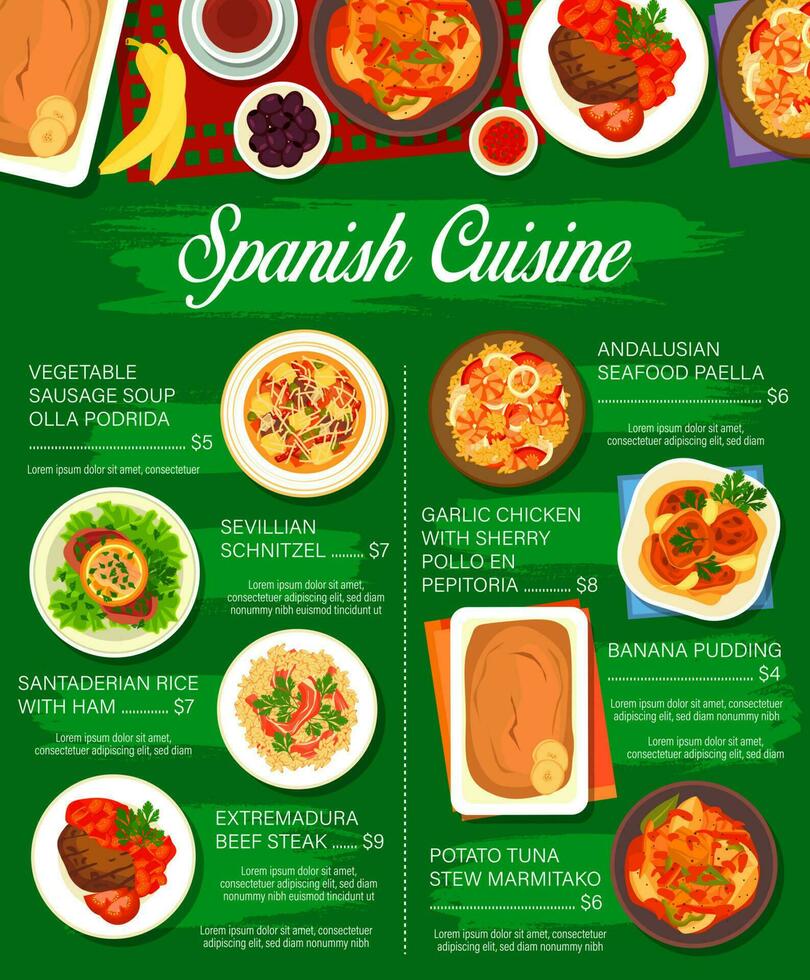 Spanish cuisine vector menu, food list
