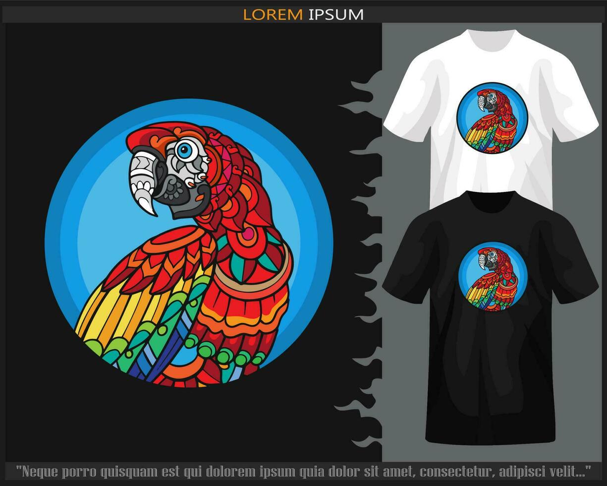 Colorful Red macaw bird mandala arts isolated on black and white t shirt. vector