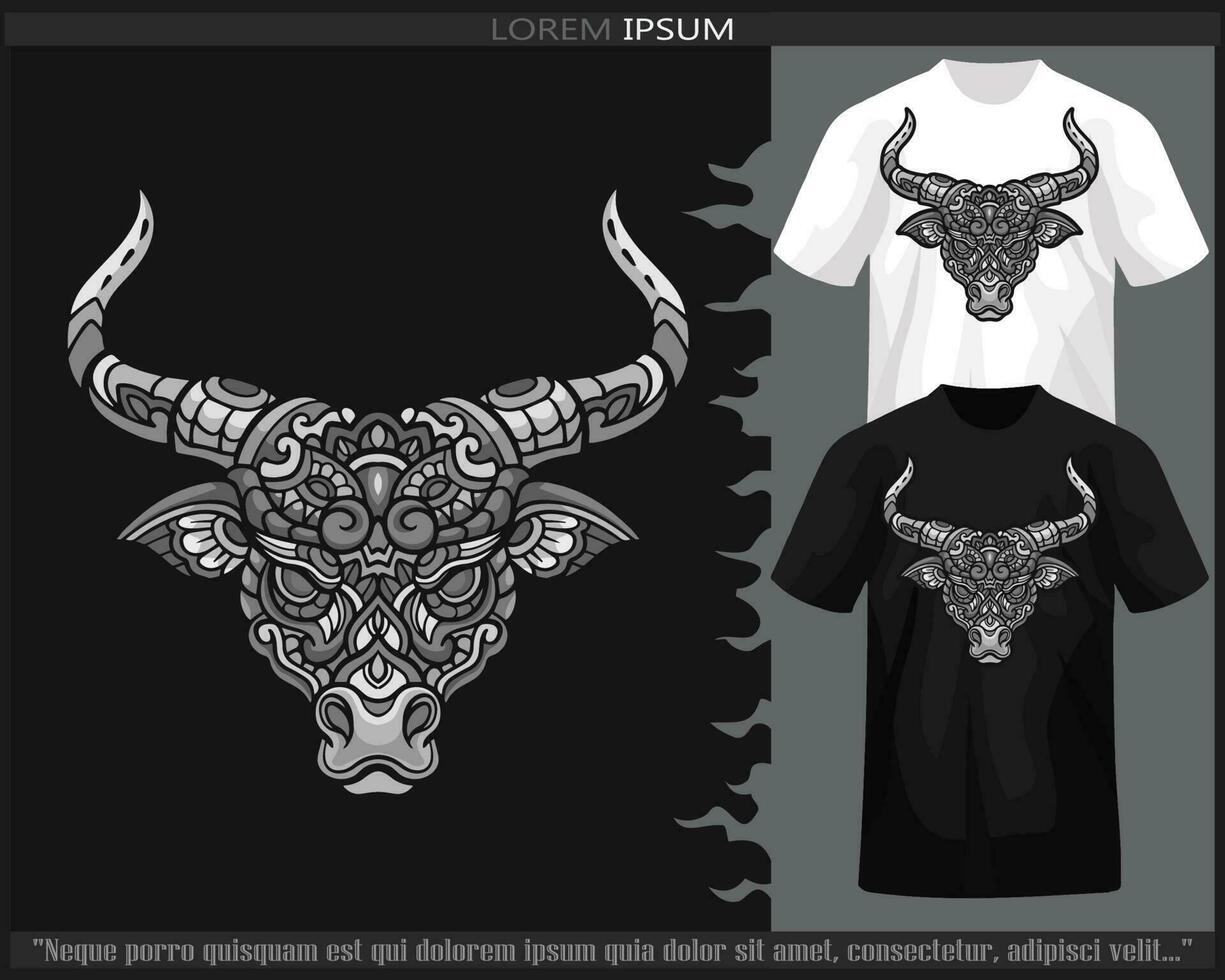 Monochrome color bull head mandala arts isolated on black and white t shirt. vector