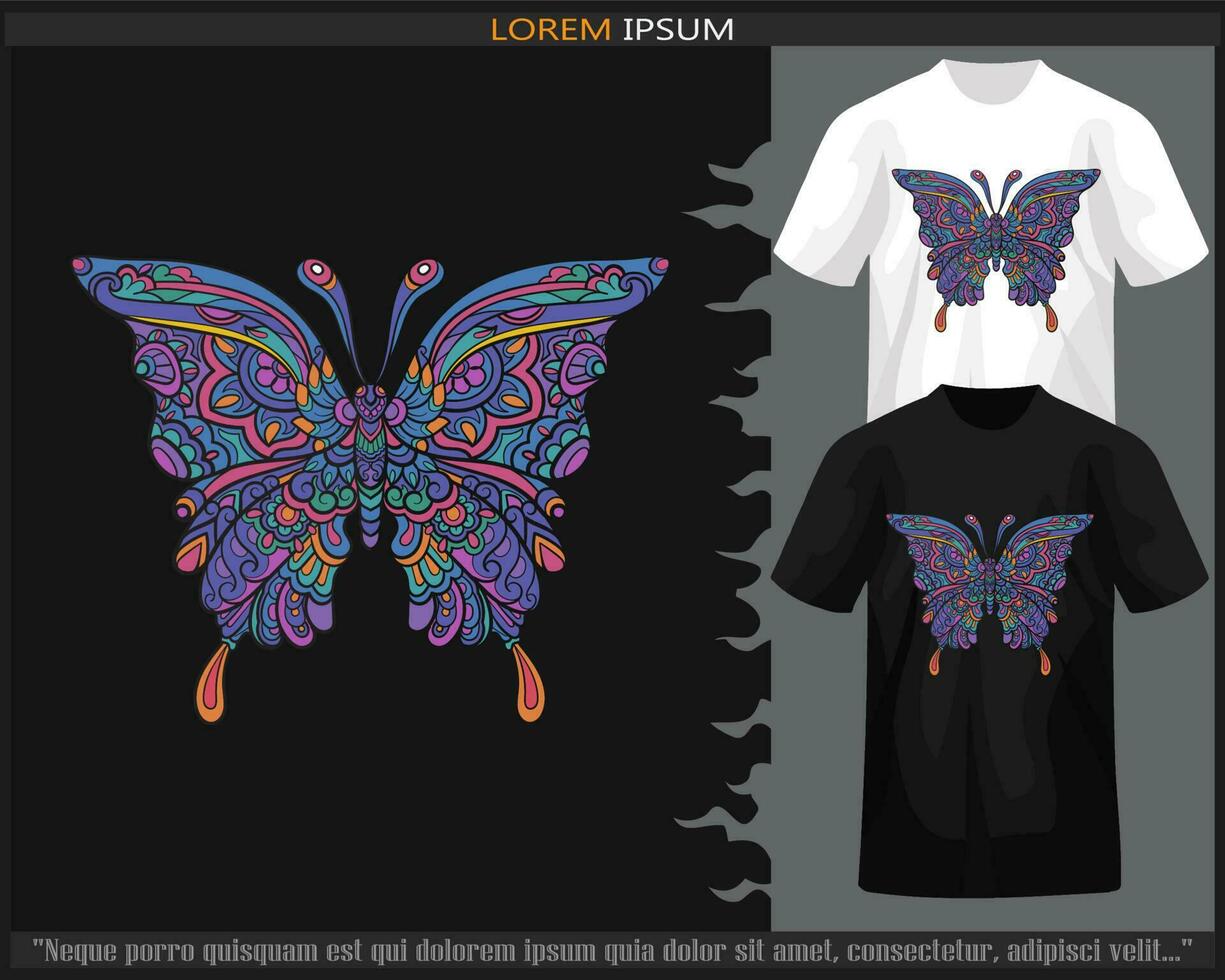 Colorful Butterfly mandala arts isolated on black and white t shirt. vector