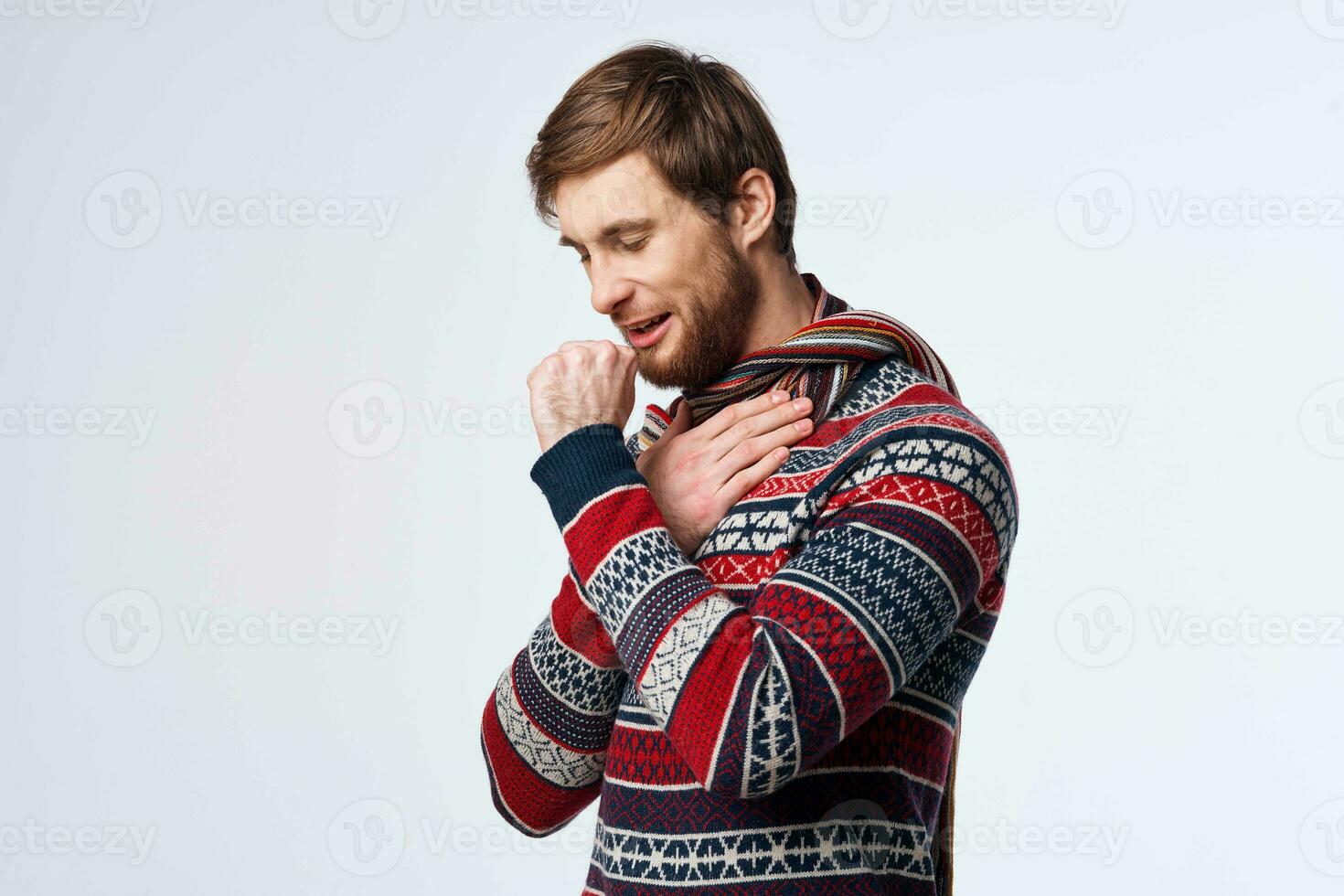 emotional man sweater health problems handkerchief flu infection isolated background photo