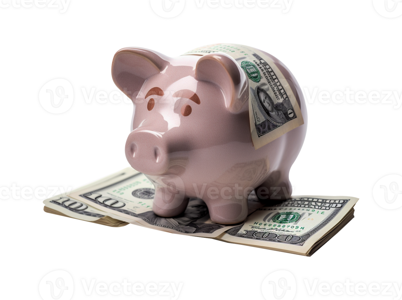 Money on pig saving bank in png