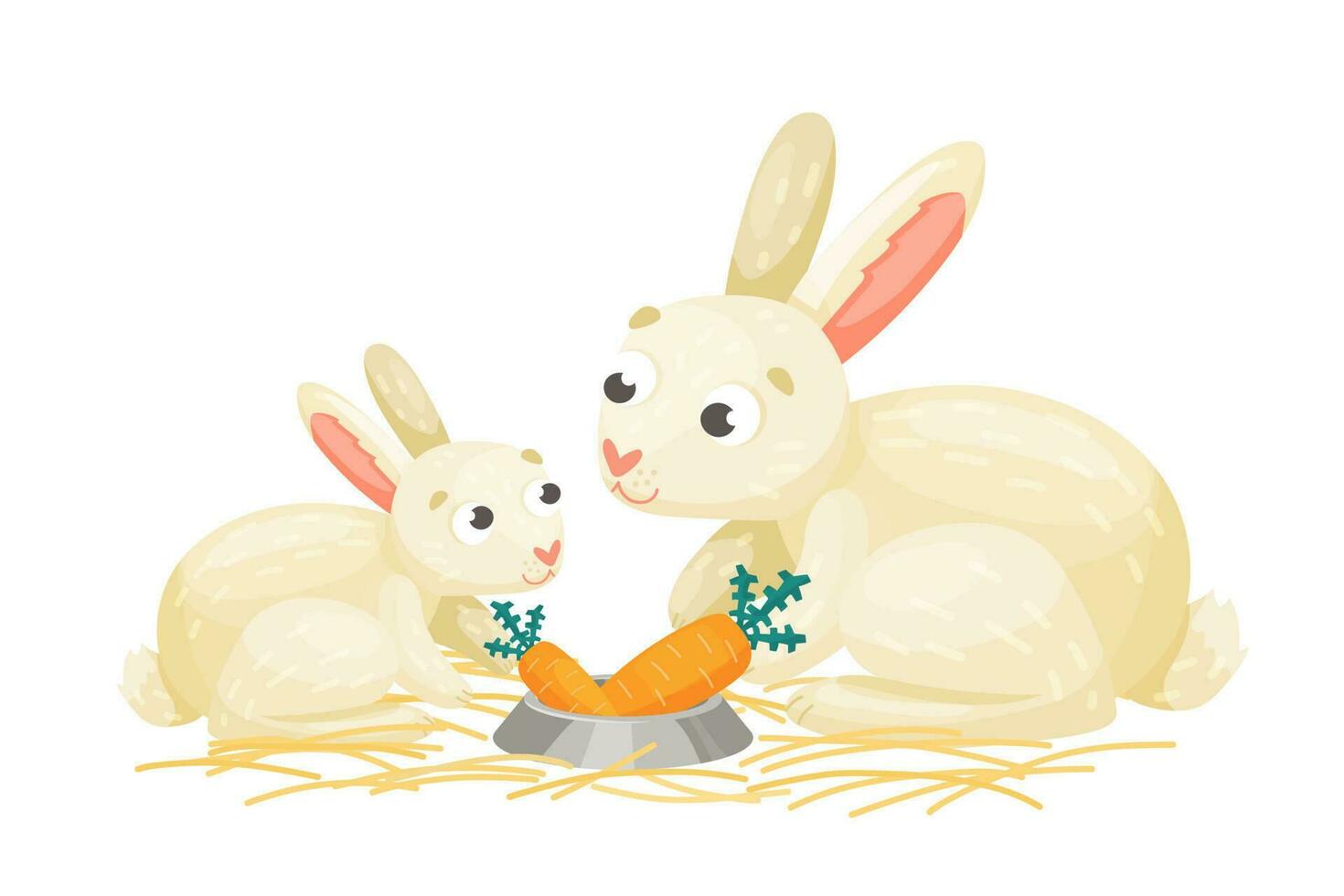 Mother and baby rabbit eating carrot. White Rabbits family. Cute vector cartoon illustration.