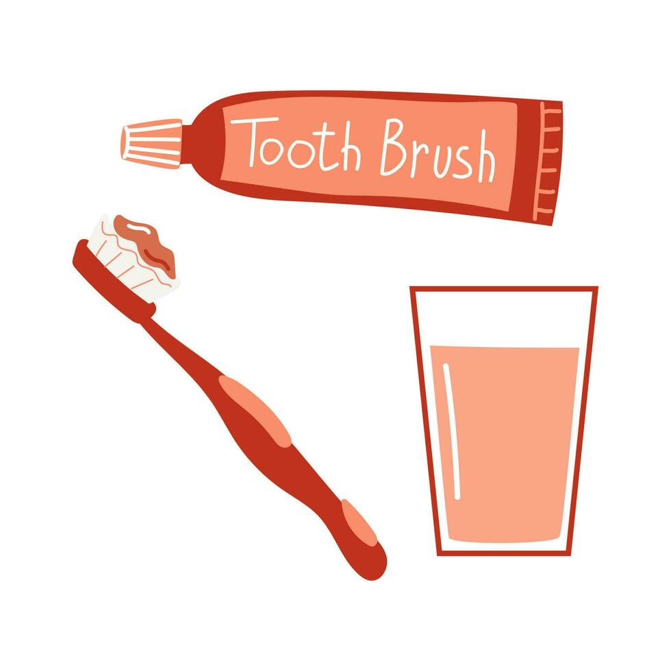 Tooth brush and tooth paste with glass of water. Teeth brushing set for kids. Vector hand drawn illustration.