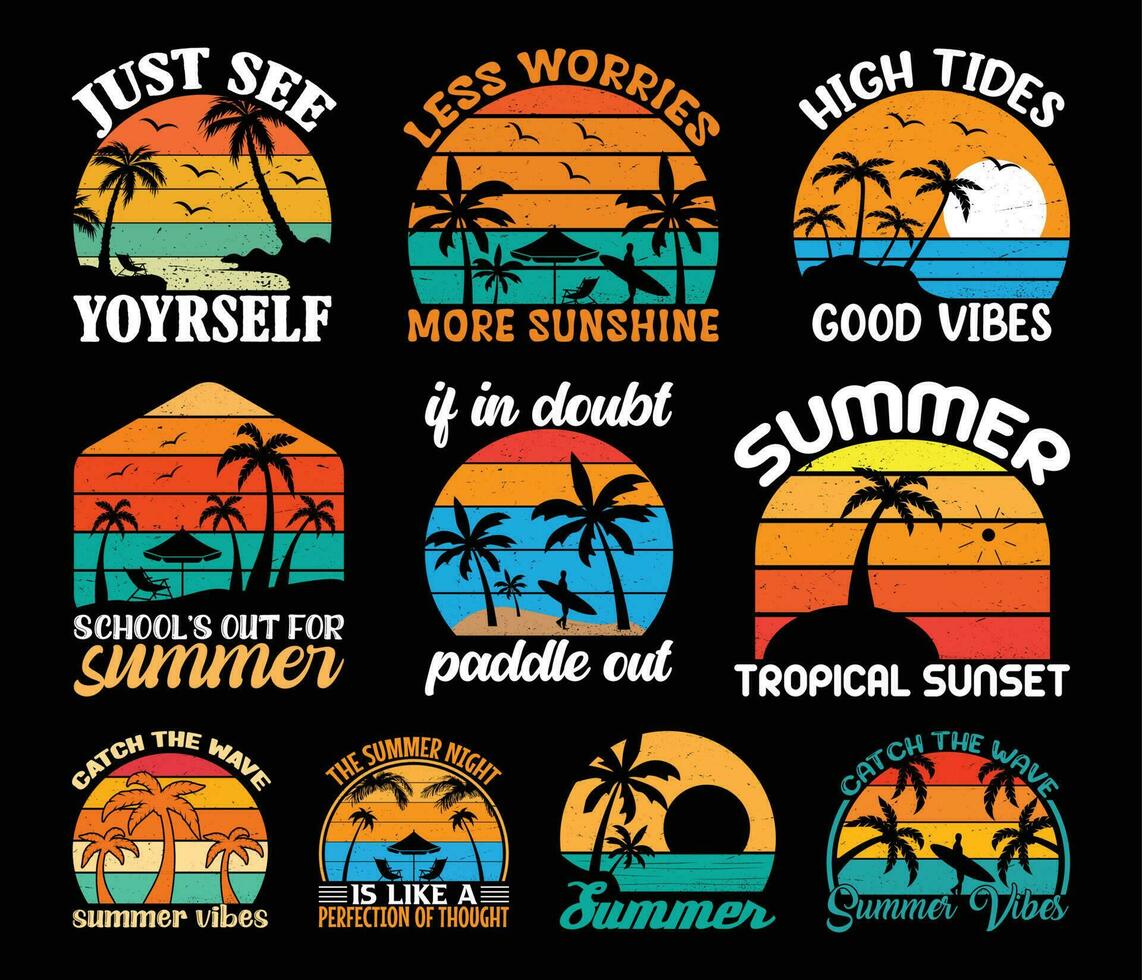 Summer T shirt Design Bundle, Vintage Summer T shirt  design, Beach shirt, Summer typography T shirt design Collection vector