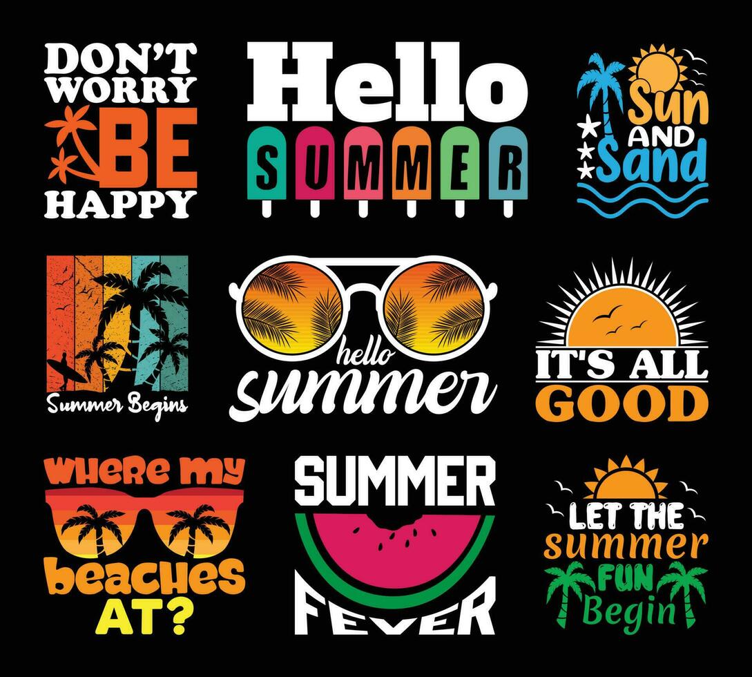 Summer T shirt Design Bundle, Vintage Summer T shirt  design, Beach shirt, Summer typography T shirt design Collection vector