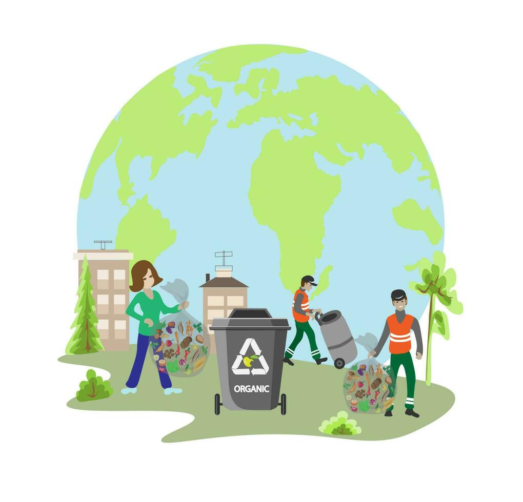 People sort garbage by type into containers for recycling. Ecology concept. Flat vector illustration. Care garbage separation people sorting garbage, eco containers, separate waste for taking care .