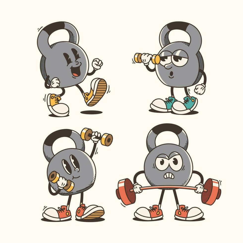 Set of Traditional Cartoon kettlebell mascot Illustration with Varied Poses and Expressions vector