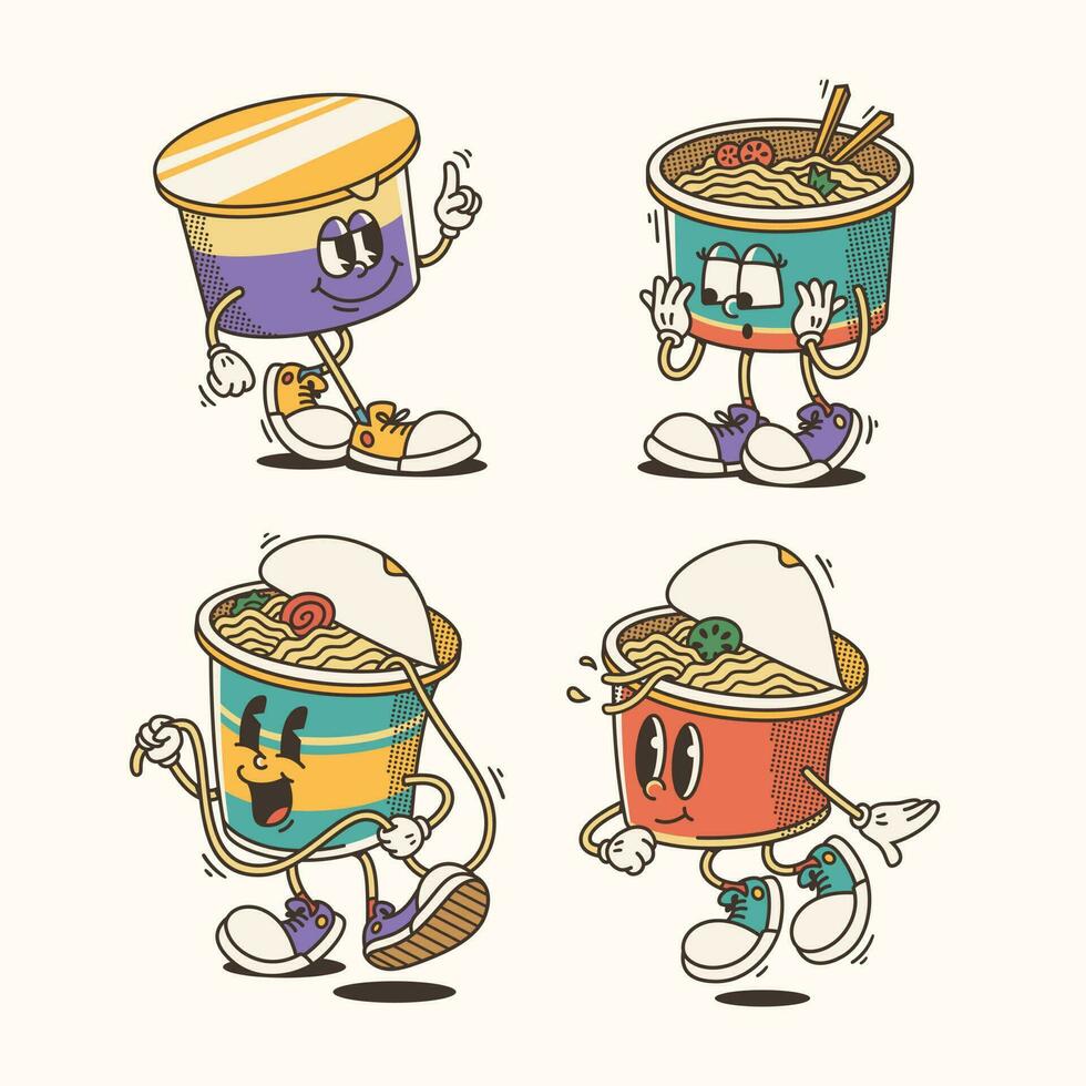 Set of Traditional Cartoon cup noodle mascot Illustration with Varied Poses and Expressions vector