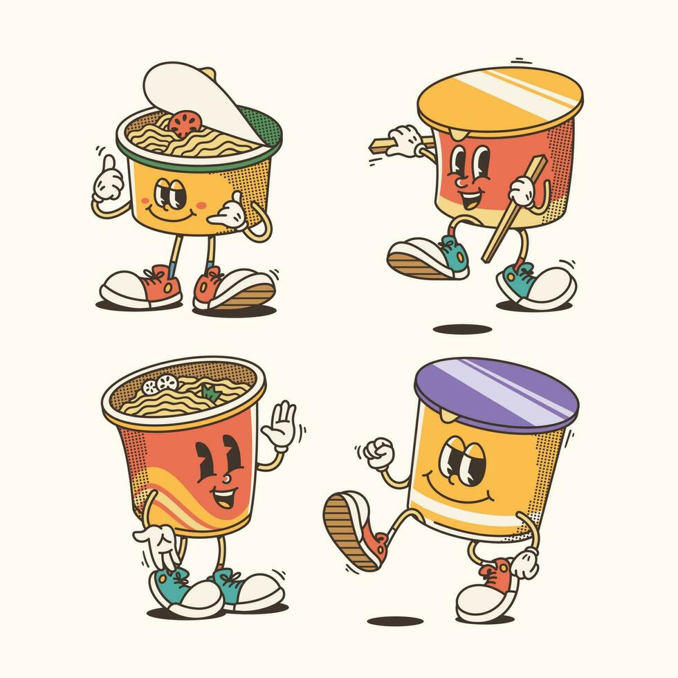 conjunto de tradicional dibujos animados taza fideos mascota ilustración con variado poses y expresiones vector