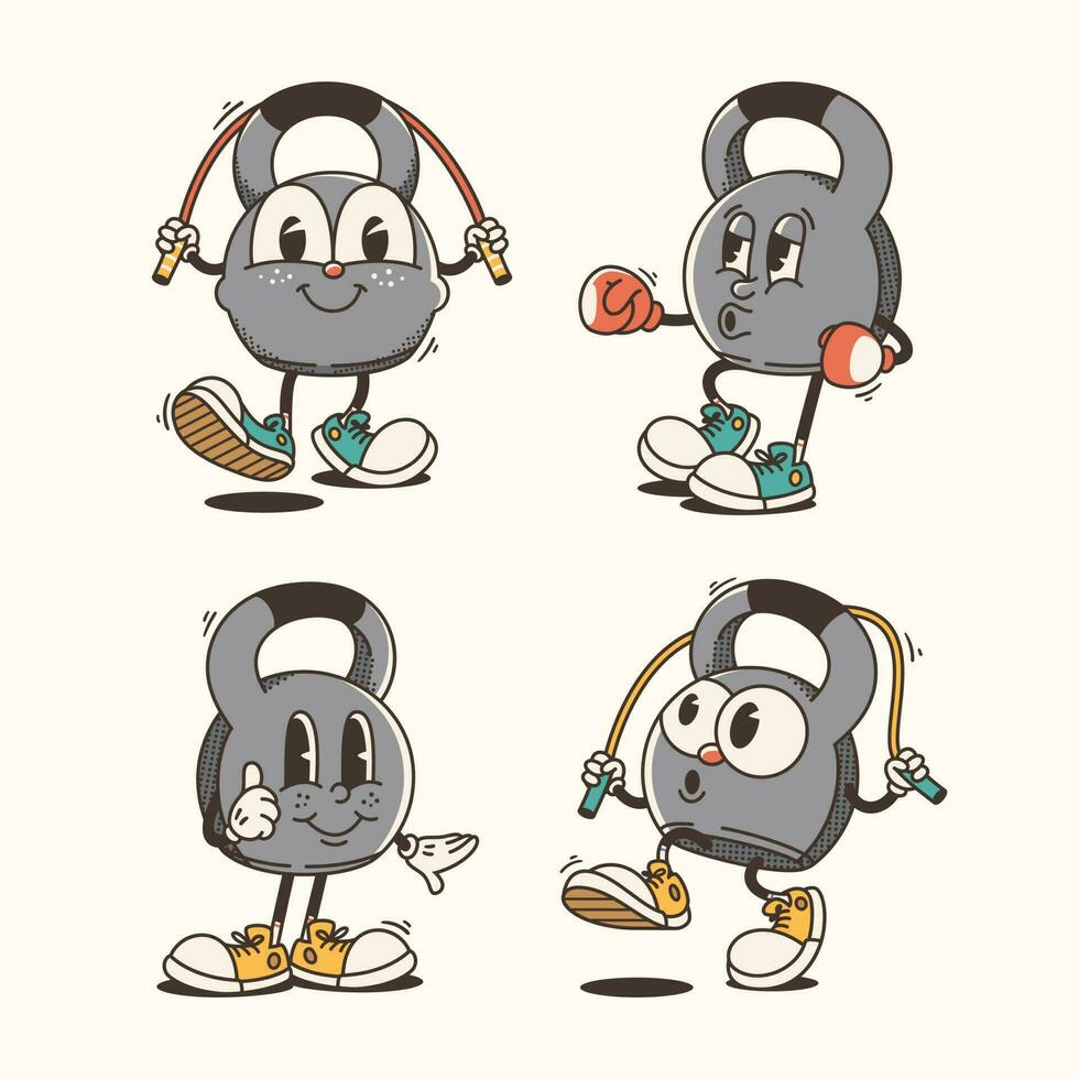 Set of Traditional Cartoon kettlebell mascot Illustration with Varied Poses and Expressions vector