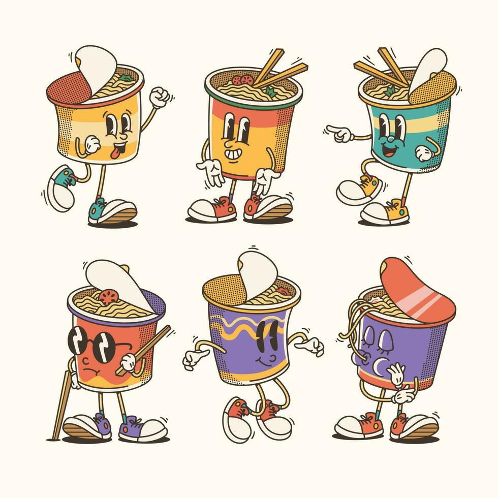 Set of Traditional Cartoon cup noodle mascot Illustration with Varied Poses and Expressions vector