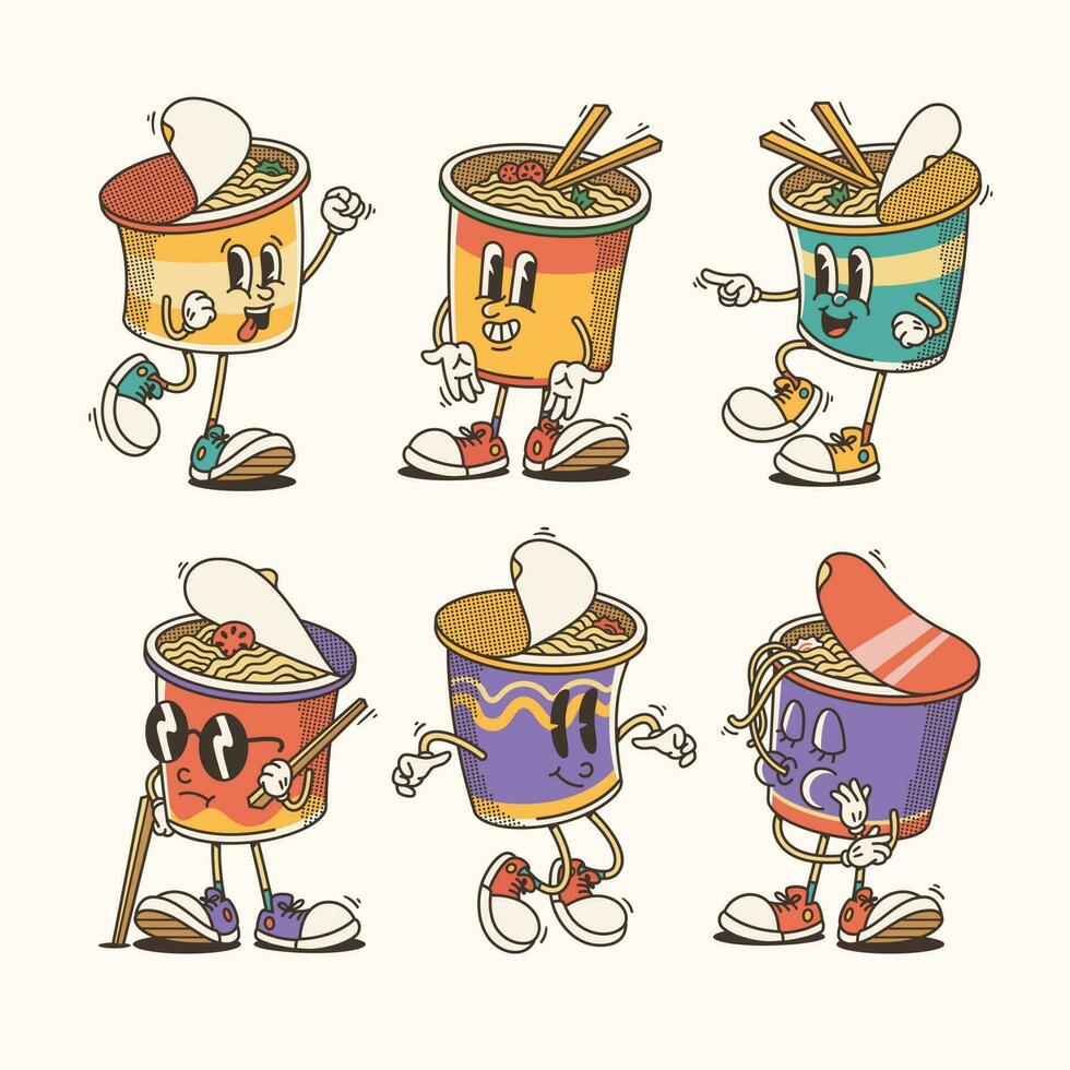 conjunto de tradicional dibujos animados taza fideos mascota ilustración con variado poses y expresiones vector