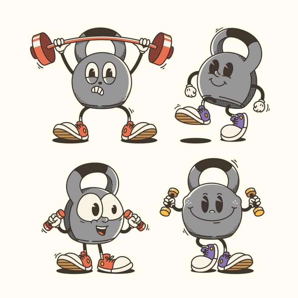 Set of Traditional Cartoon kettlebell mascot Illustration with Varied Poses and Expressions vector