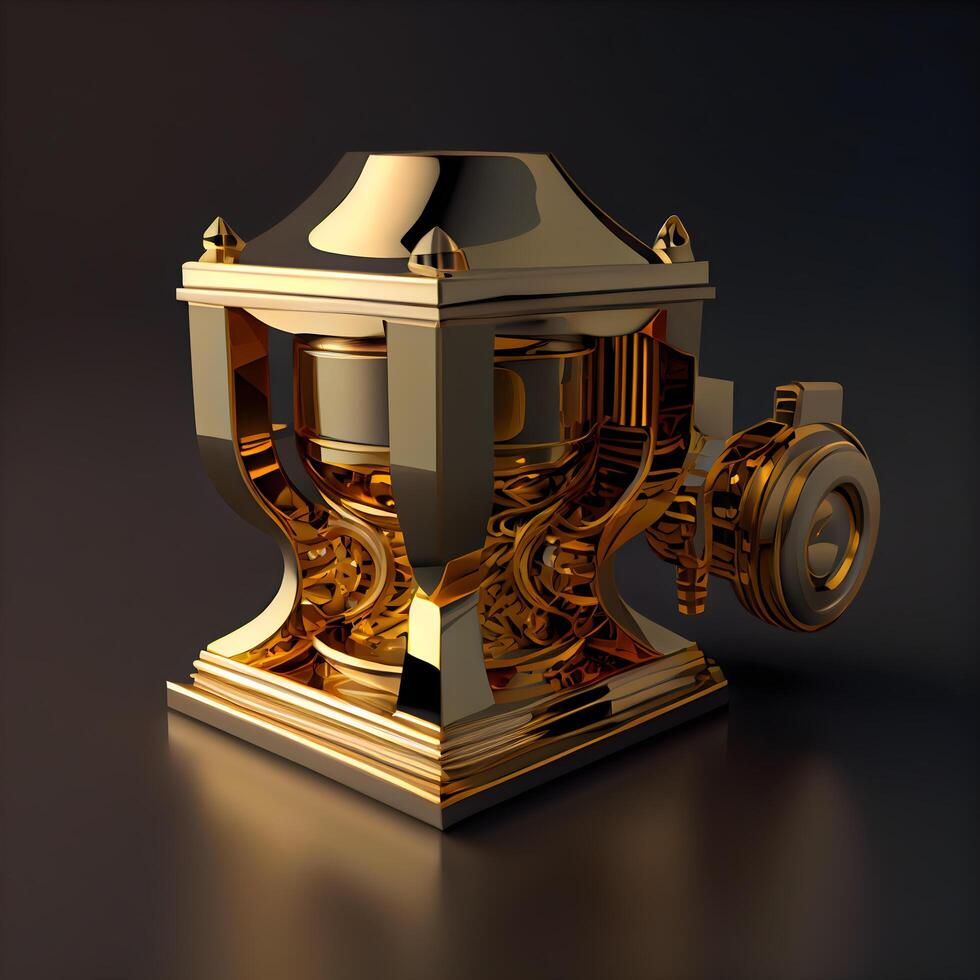 3d rendering of a golden trophy on a dark background with reflection, Image photo