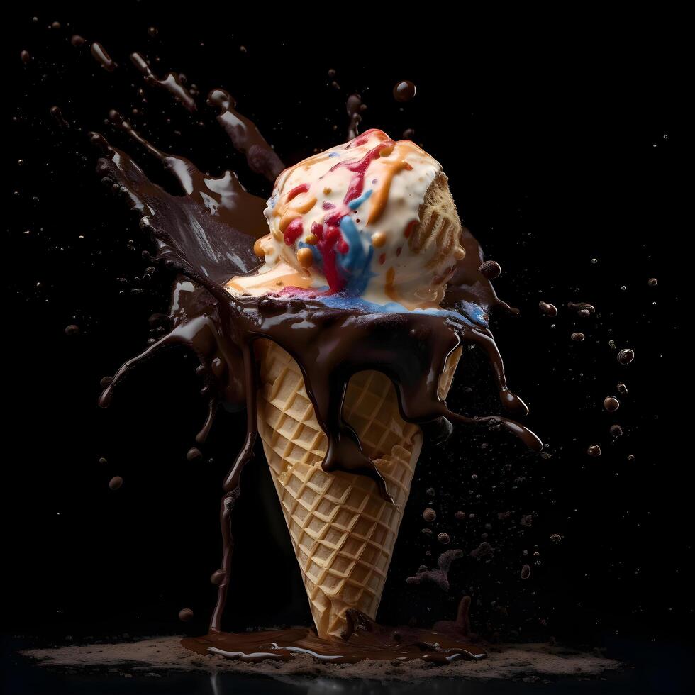 ice cream splashing out of a waffle cone on a black background, Image photo