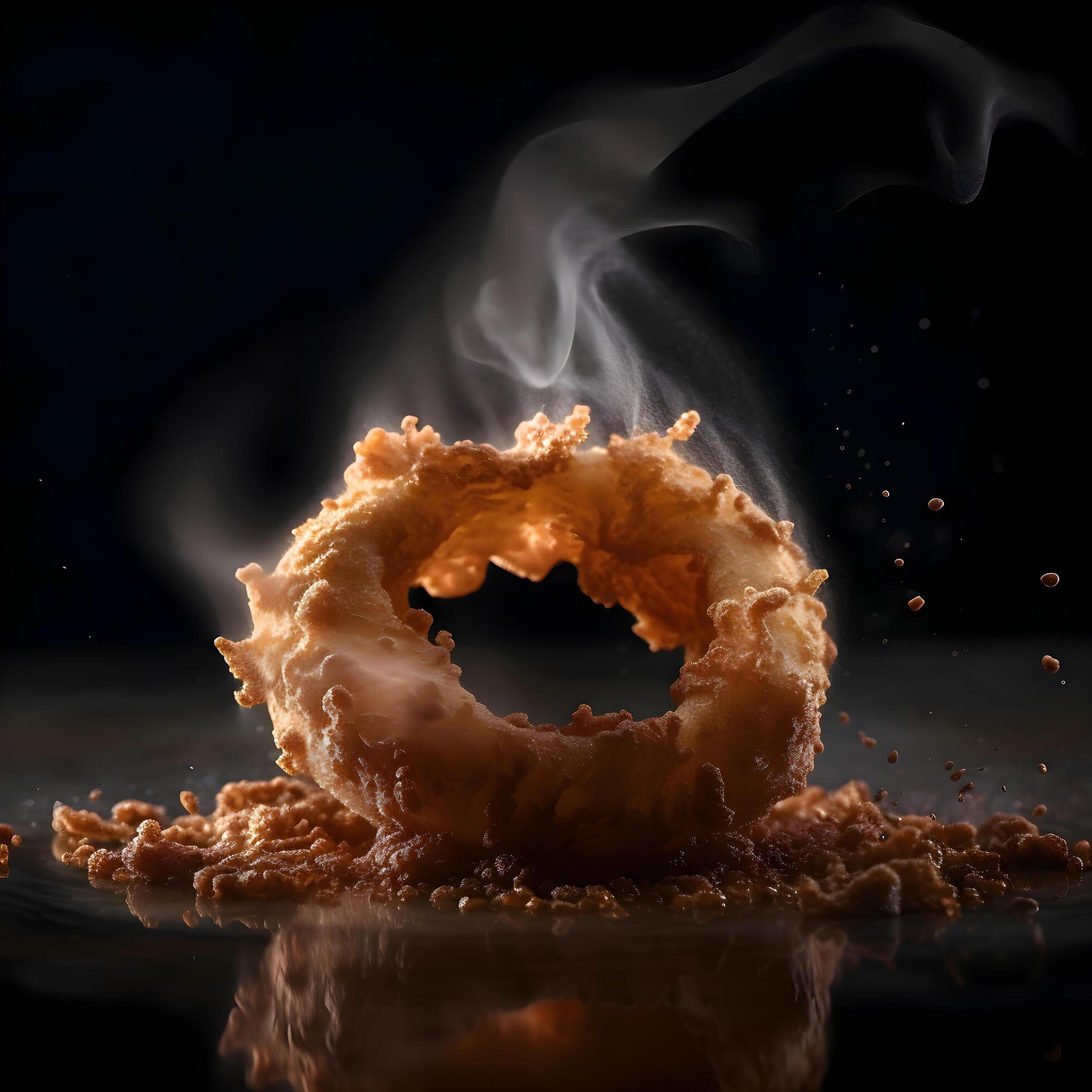 Fried donuts with smoke on a black background. Copy space, Image