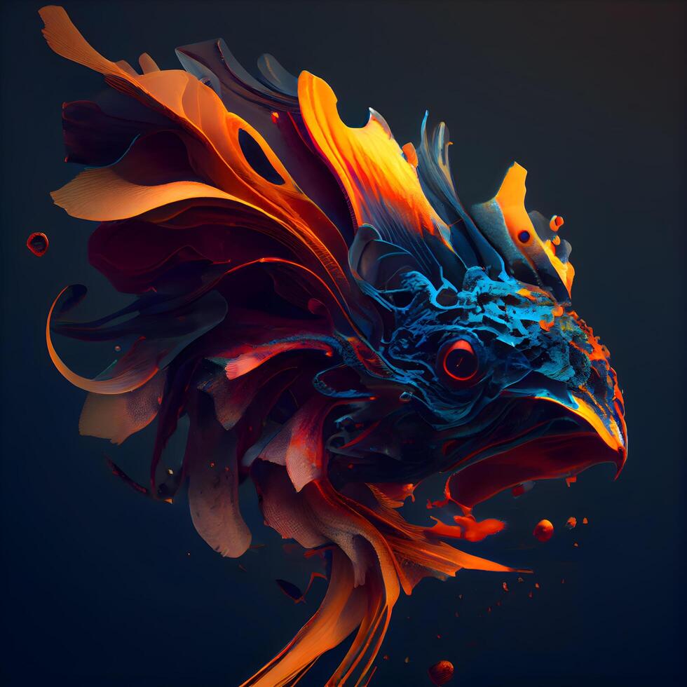 Illustration of a fish with colorful paint splashes on a dark background, Image photo