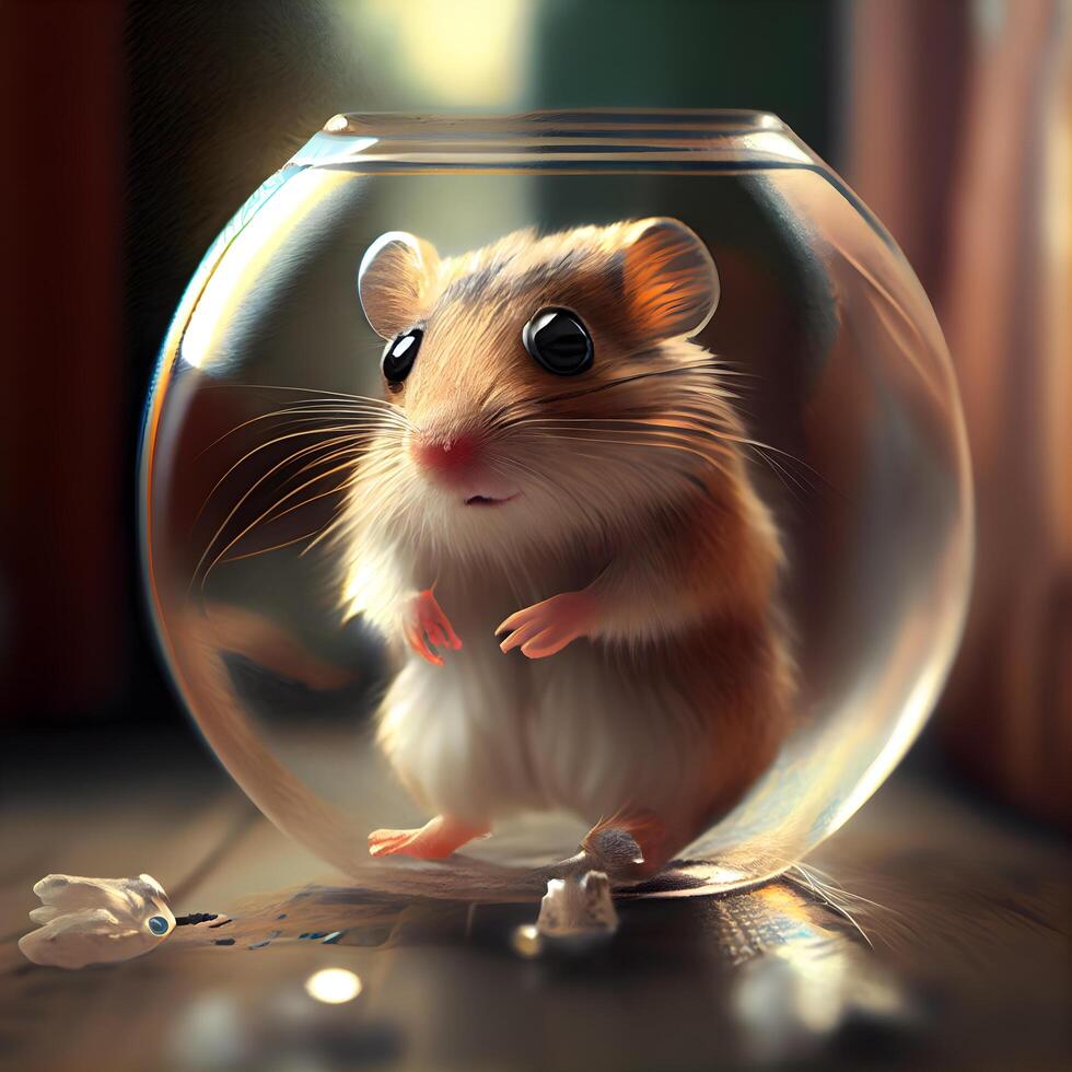 Hamster in a glass bowl. 3d rendering. Computer digital drawing., Image photo
