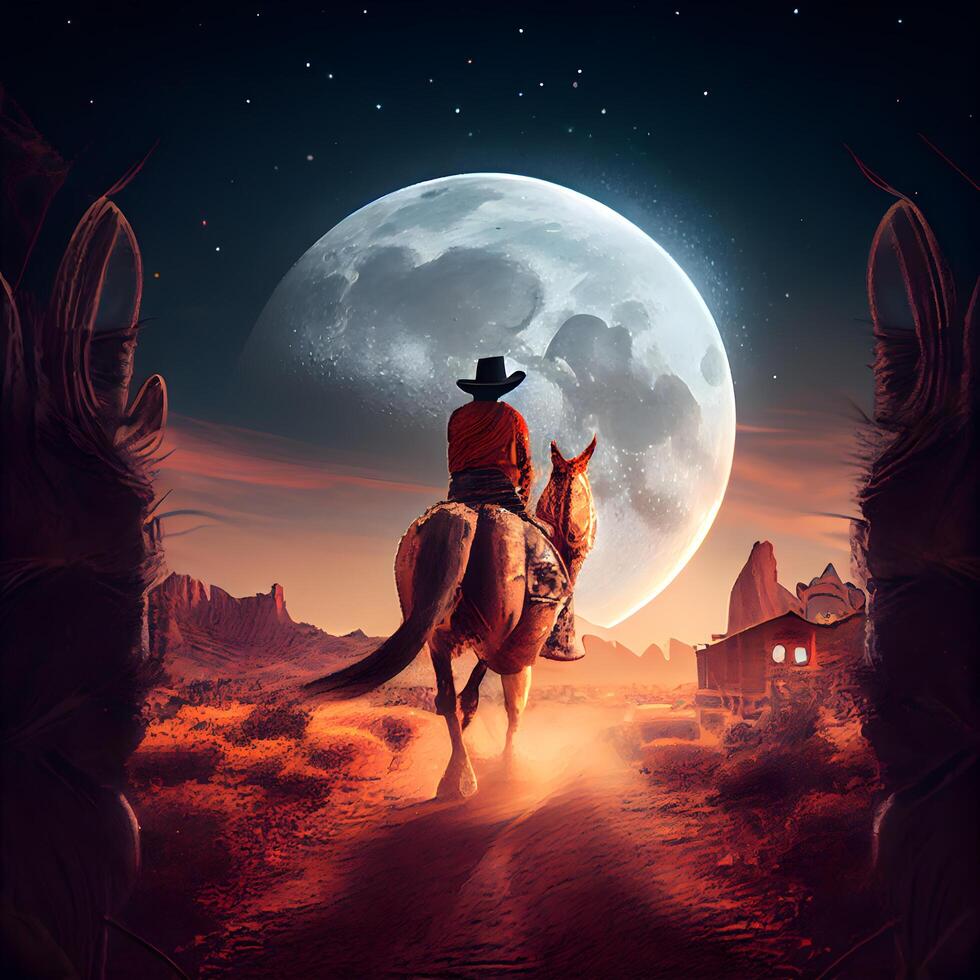 Illustration of a cowboy riding a horse in the desert with a full moon, Image photo