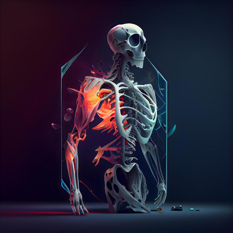 Human skeleton with fire on dark background. 3D illustration. Science and medical concept., Image photo